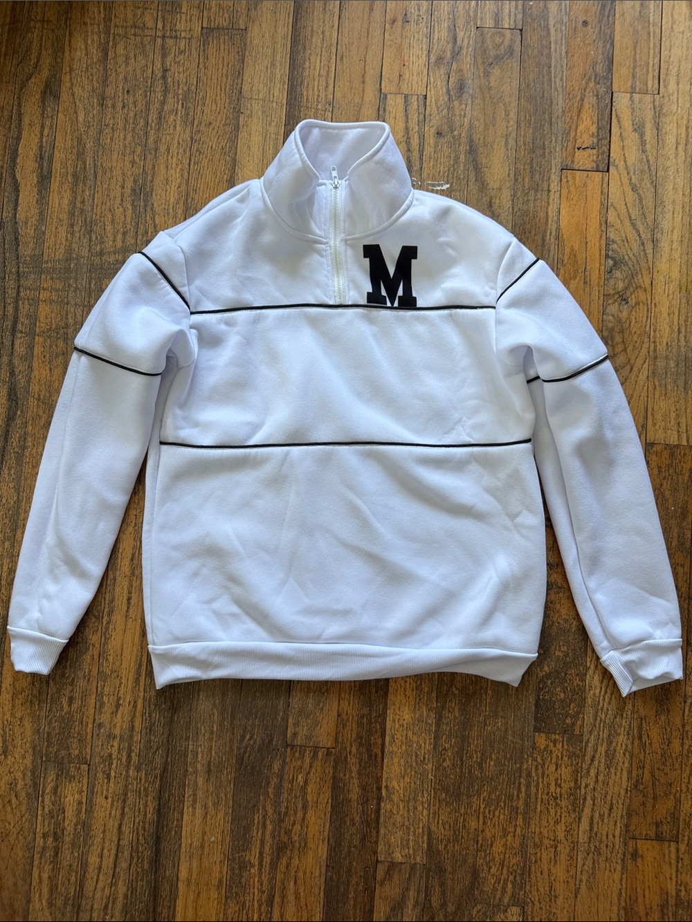 SHEIN White Quarter-Zip Pullover with Black 'M' Accent